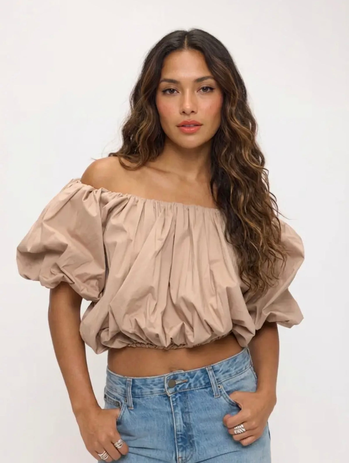 Mocha Heat | Cropped off the Shoulder Puff Sleeve
