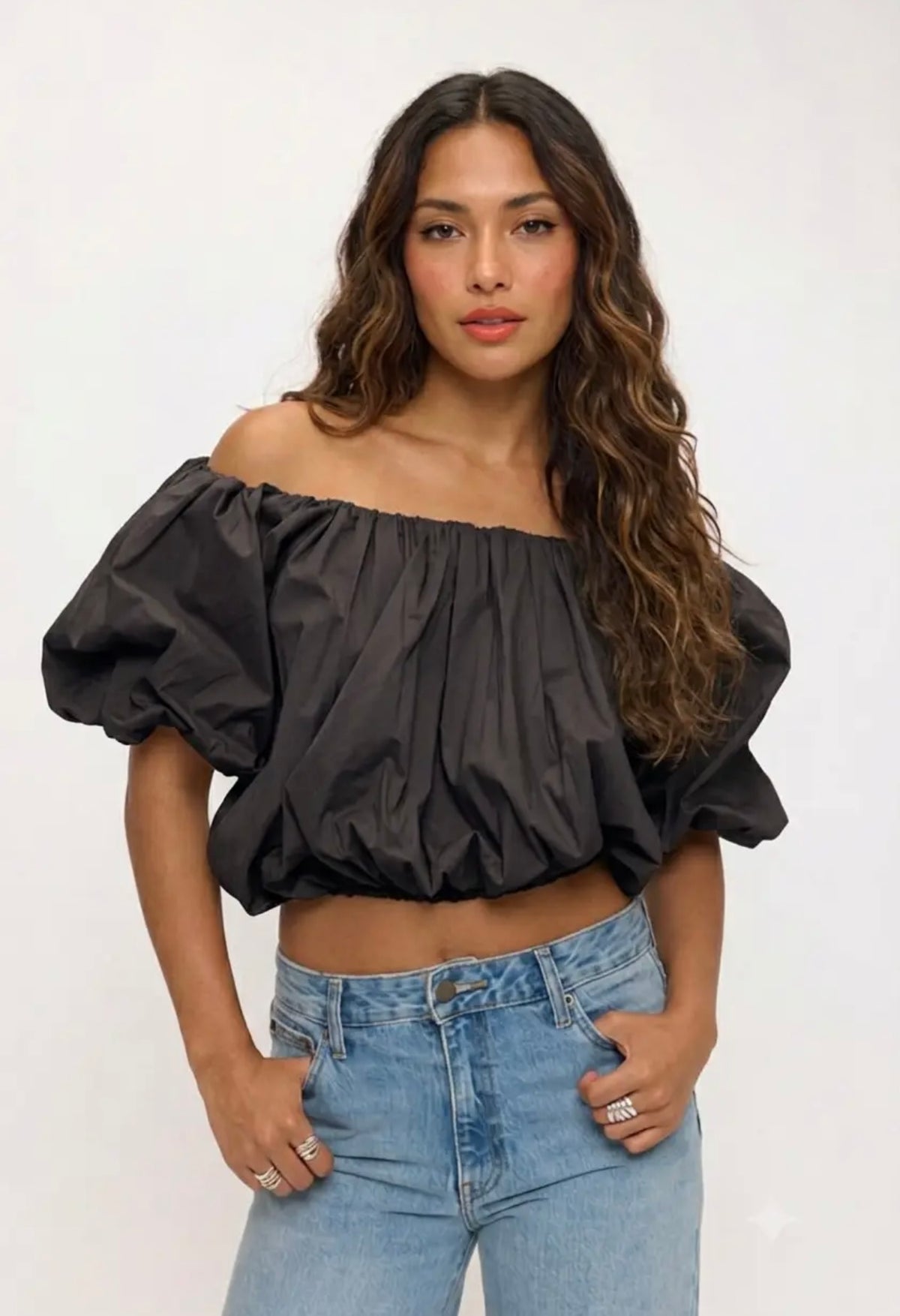 Midnight | Cropped Off the Shoulder Puff Sleeve
